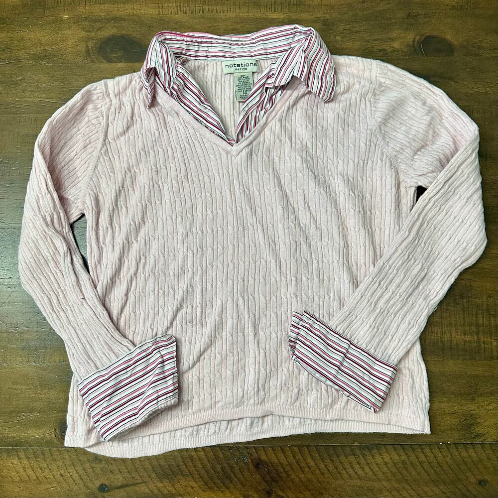 Notations Petite Pink‎ Layered Look V Neck Sweater Striped Collar Medium